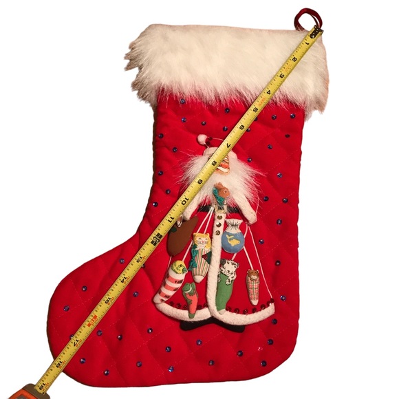 Vintage Quilted Sequin Santa Animals Pets Christmas Stocking Fur Cuff 18" Kitsch - Picture 12 of 14